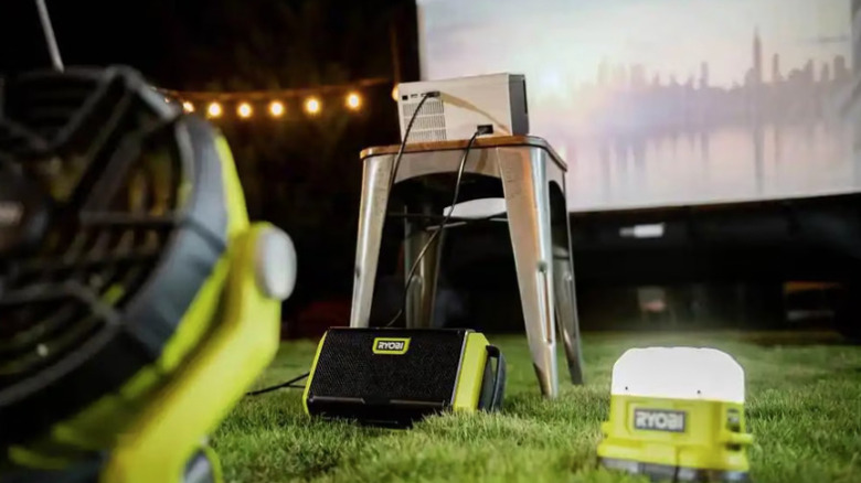 Ryobi compact camping kit at outdoor movie night