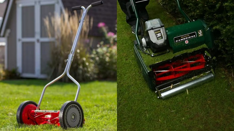 Split image: a non-powered cylinder mower and a battery power cylinder mower