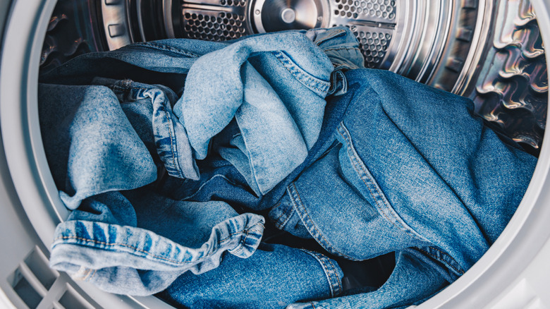 Clothes in the drum of a washing machine.