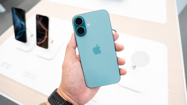 A person holding an iPhone in an Apple store.