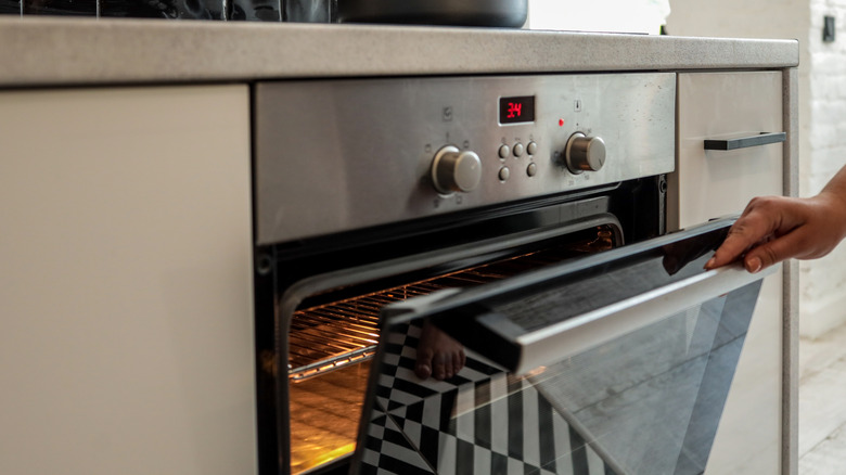 Close-up of a hand opening an oven door installed in a modern kitchen