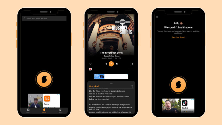 Three screenshots of SoundHound app