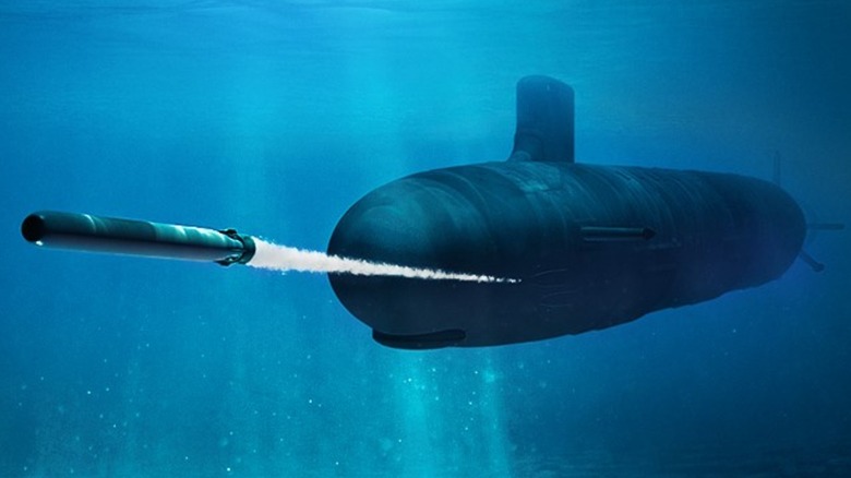 An illustration of a submarine firing a Mk 48 MOD 7 torpedo