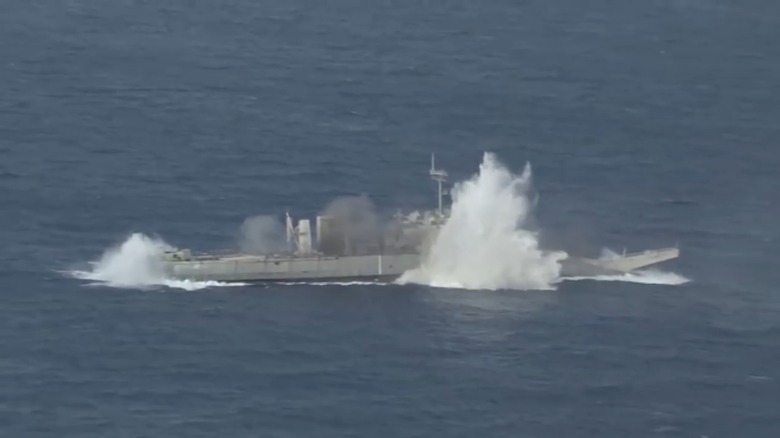 the USS Racine (LST-1191) seconds after being struck by a Mk 48 torpedo