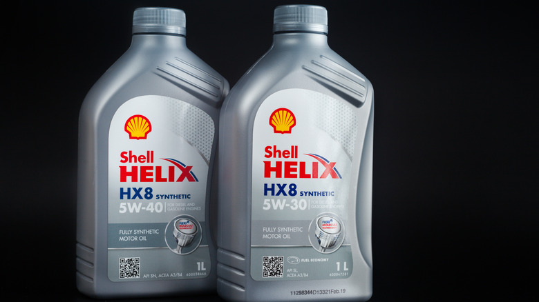 Containers of Shell 5W-30 and 5W-40 oils