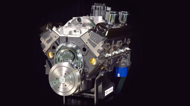 A Chevrolet CT350 crate engine on a black background
