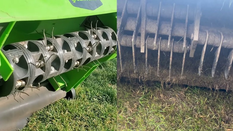 Split image of the underside of a dethatcher machine and the underside of a scarifier machine.