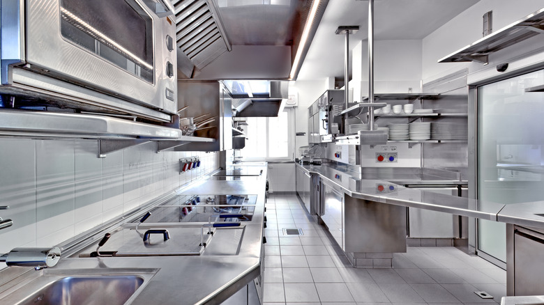 Inside of a clean commercial kitchen