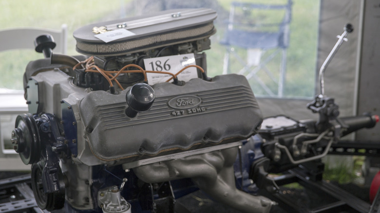 427 SOHC "Cammer" engine on display mount, left-side view