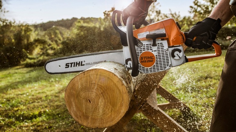 Person using a Stihl MS 250 chainsaw on a log laid across a sawhorse