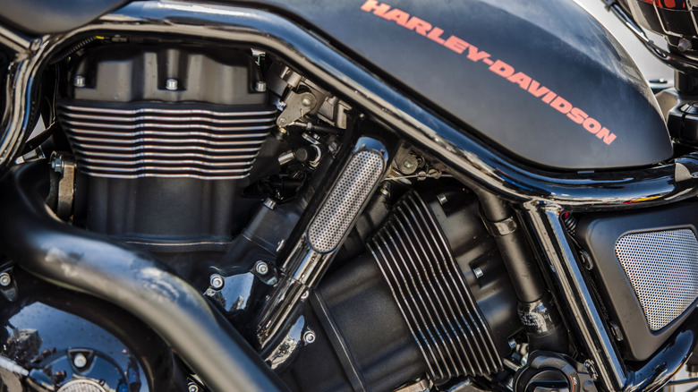 Close up of a Harley-Davidson V-Rod showing the fuel tank and engine.