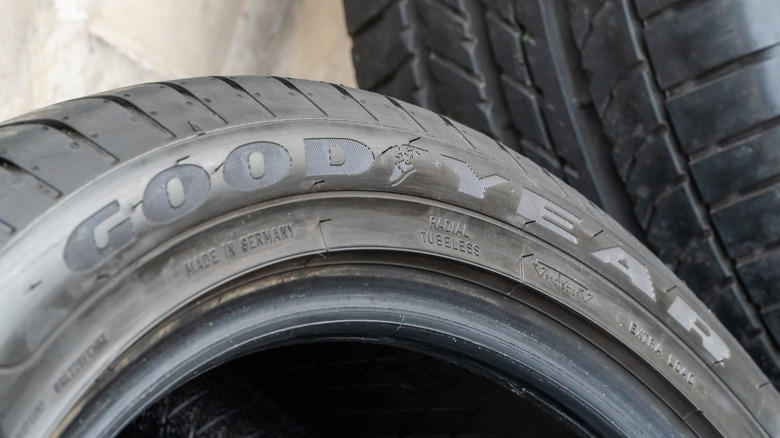 A close-up of the logo on a Goodyear tire
