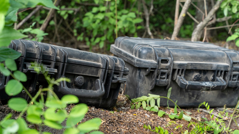 A pair of rugged, black military-grade cases lie on the forest floor surrounded by foliage.
