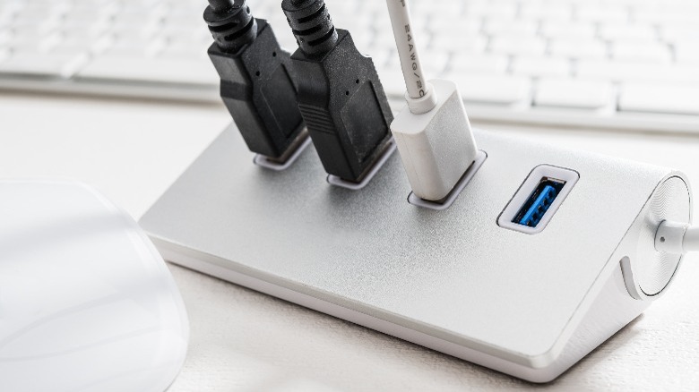 USB hub with cables connected
