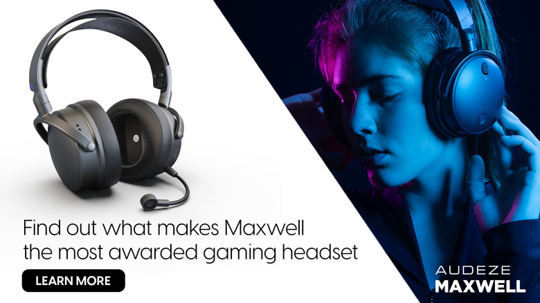 The left side of the Image depicts a pair of black Audeze Maxwell gaming headphones against a white background, and the right side of the image depicts a person wearing them in a dark setting with magenta lighting.