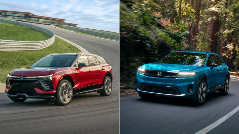 Red Chevrolet Blazer EV on track and blue Honda Prologue on road in woods