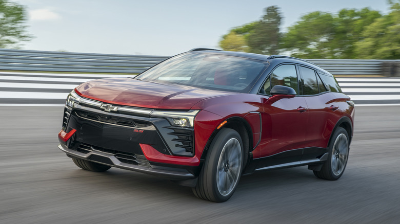 Red Chevrolet Blazer EV SS on banked track