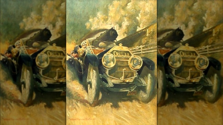 "Setting the Pace" by William Harnden Foster depicts an Oldsmobile Limited beating the 20th Century Limited locomotive