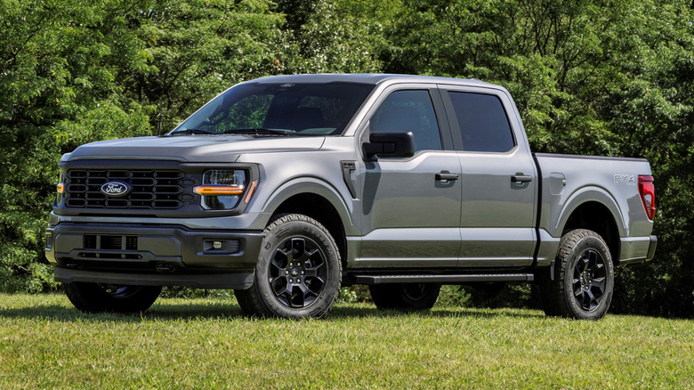 2024 Ford F-150 STX parked on green grass with trees in the background