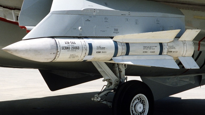 An AIM-54A Phoenix air-to-air missile mounted on a Grumman F-14A Tomcat.