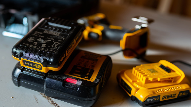 Charging Dewalt lithium-ion battery in a small woodworking shop