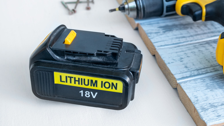 Close up 18 volt recharge Li-ion battery for electric cordless tool