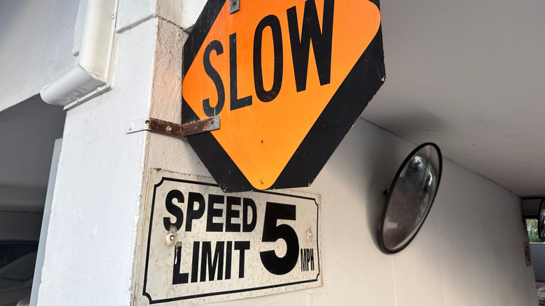 Signs reminding drivers to go slowly and enforcing a 5 mph speed limit