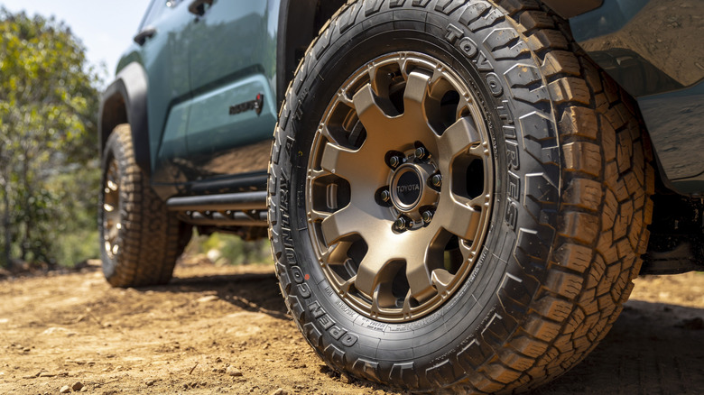 Close-up of Toyota 4Runner Trailhunter front wheel and tire