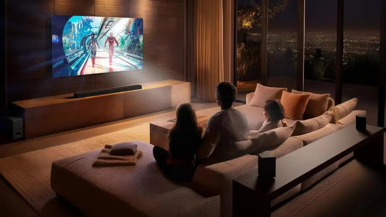 Family watching a movie on an LG G6 TV