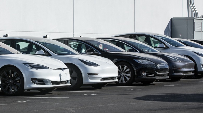 tesla EVs in a parking lot