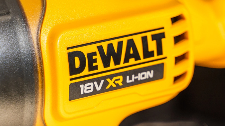 The DeWalt 18V logo on the side of a tool.