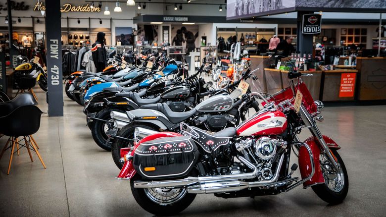 Harley-Davidson lineup on a showroom floor