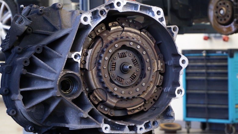 A VW DSG transmission in a repair shop.