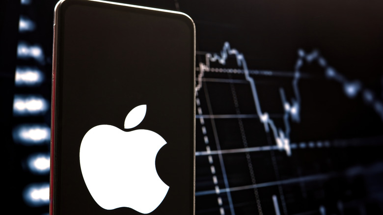 iPhone logo on a smartphone screen in the foreground, stock chart image in the background