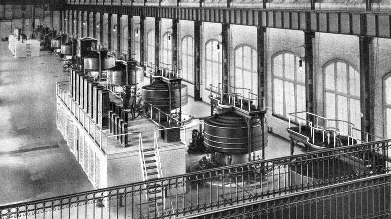 Ten 5,000 HP Westinghouse generators at Edward Dean Adams Power Plant in Niagara Falls, the first large-scale, alternating current electric generating plant in the world, built in 1895.