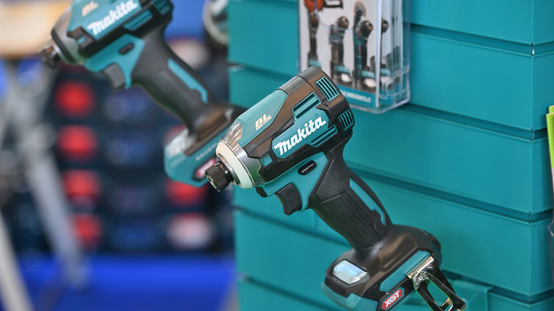 Makita drills on a display