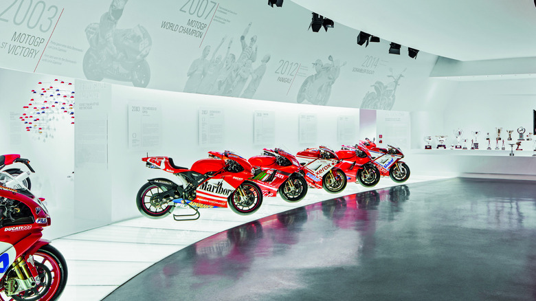 Ducati motorcycles lined up at the Ducati Museum