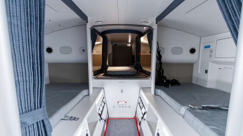 A crew rest area inside an airplane.