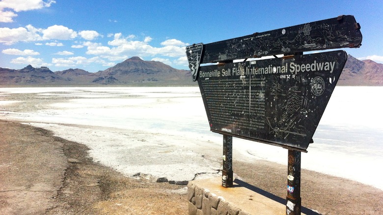 Bonneville Speedway sign with Salt Flats in the background