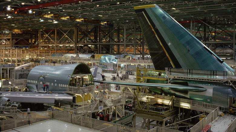 An aircraft being built in a Boeing aircraft assembly plant