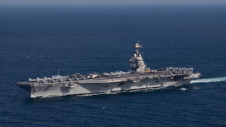 USS Gerald R. Ford moving through the water.