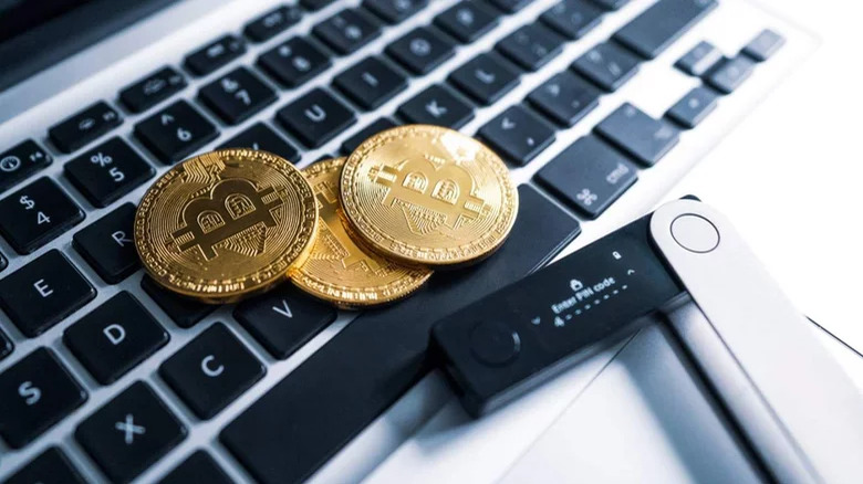 Hardware bitcoin wallet on laptop