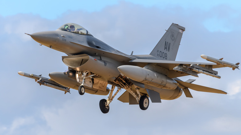 An F-16C fighter about to land after a sortie.