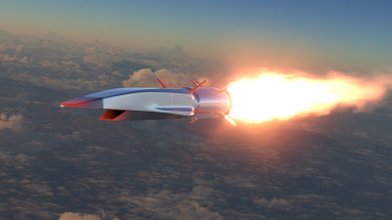 Rendering of a hypersonic missile flying above clouds