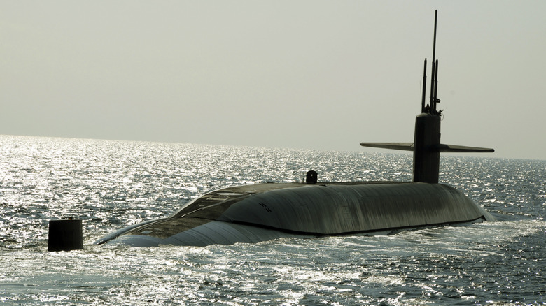 Ballistic missile submarine USS Maryland out in the open sea on a routine patrol.