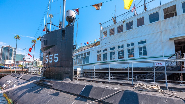 A docked US Navy submarine