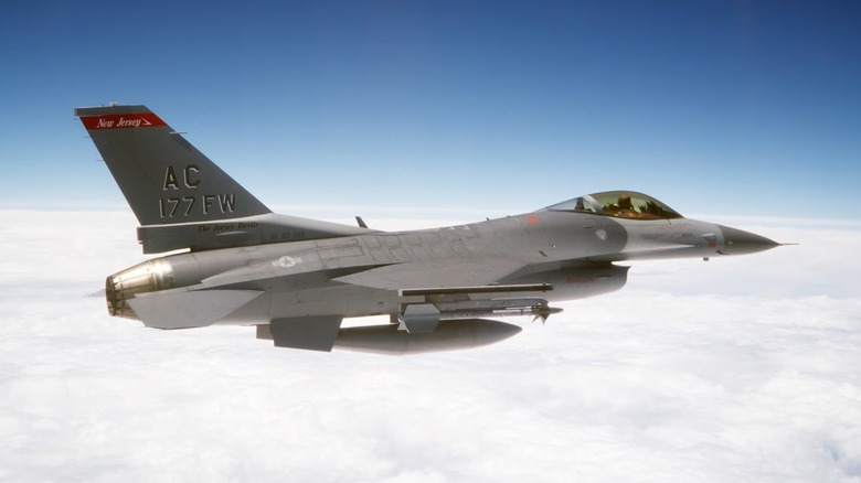 an f-16 fighting falcon at cruising speeds in the sky