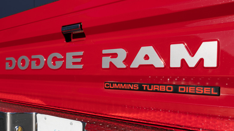 Close shot of Dodge Ram pickup truck tailgate with Cummins engine badging