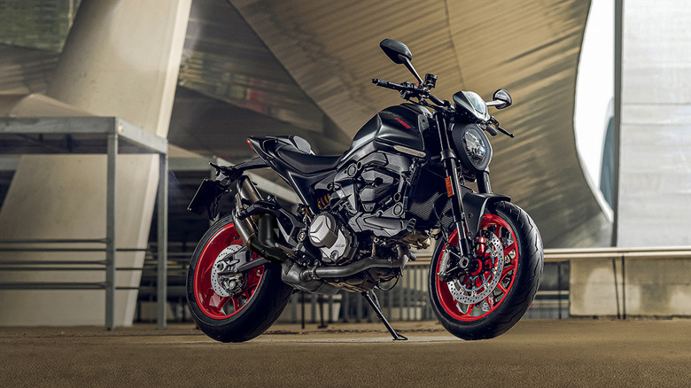 Ducati Monster parked leaning on its kickstand