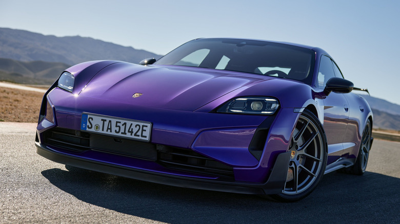 Front 3/4 view of purple Porsche Taycan Turbo GT